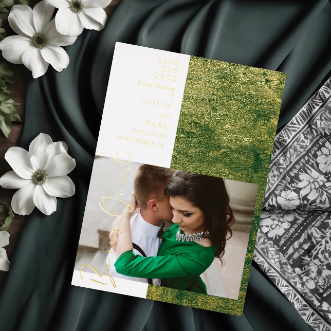 Modern Green Gold Be Our Guest Photo Couple (Modern Green Gold Be Our Guest Photo Couple Real Metallic Foil Save the Date Card with Envelope.)
