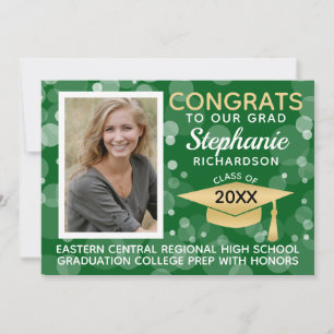 Modern Green Gold Bokeh Bubbles Photo Graduation Invitation