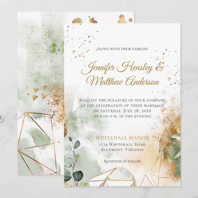 Modern Green Gold Botanical Geometric Wedding Invitation (Front/Back)