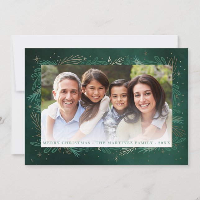 Modern Green Gold Botanical  Photo Chistmas Holiday Card (Front)