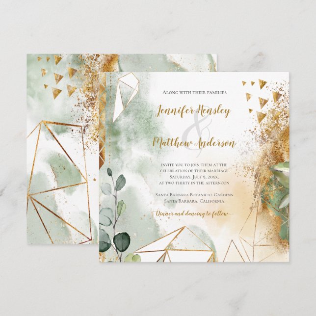Modern Green Gold Botanical Square | Invitation (Front/Back)