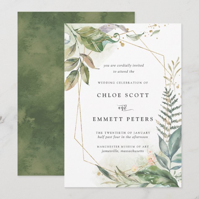 Modern Green Gold Botanical Wedding Invitation (Front/Back)