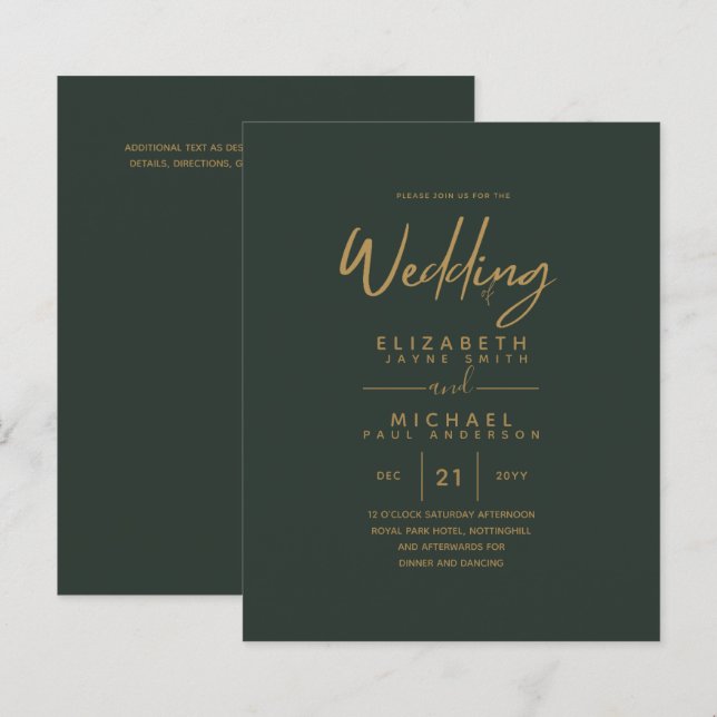 Modern Green Gold Budget Wedding Invites (Front/Back)