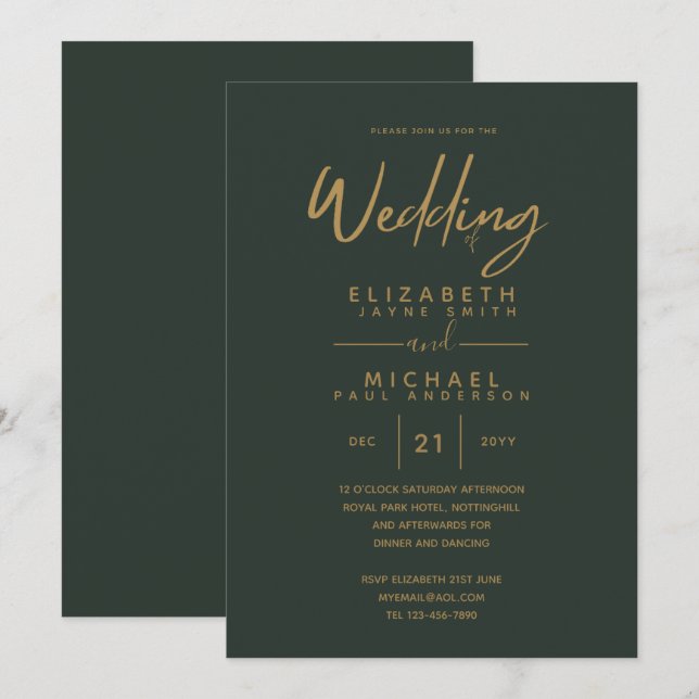 Modern Green Gold Budget Wedding Invites (Front/Back)