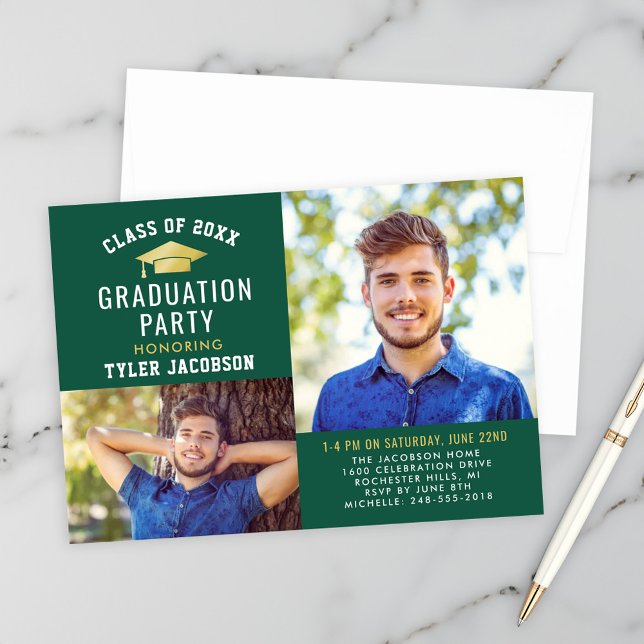 Modern Green Gold Cap Photo Graduation Party Invitation (Creator Uploaded)