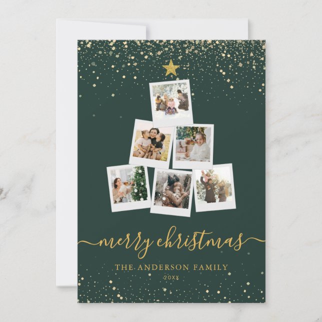 Modern Green Gold Christmas Tree Photo Collage Holiday Card (Front)