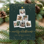 Modern Green Gold Christmas Tree Photo Collage Holiday Card<br><div class="desc">Personalised Christmas cards featuring a Christmas tree shaped photo collage with 6 pictures alongside elegant minimalist typography in gold colour on green background. Reverse side features your custom holiday message to friends and family with one square photo.</div>