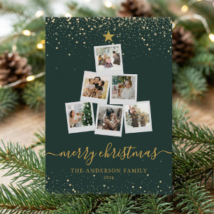 Modern Green Gold Christmas Tree Photo Collage Holiday Card