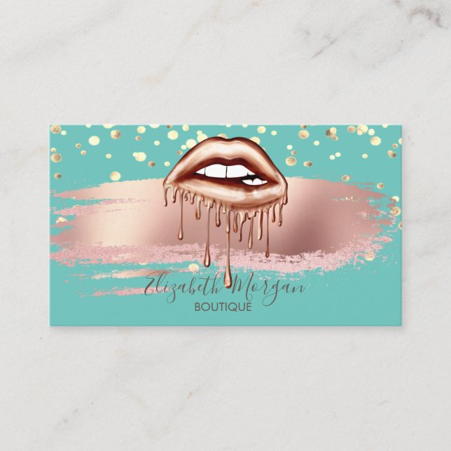 Modern Green Gold Confetti, Brush Stroke Lips Business Card (Front)