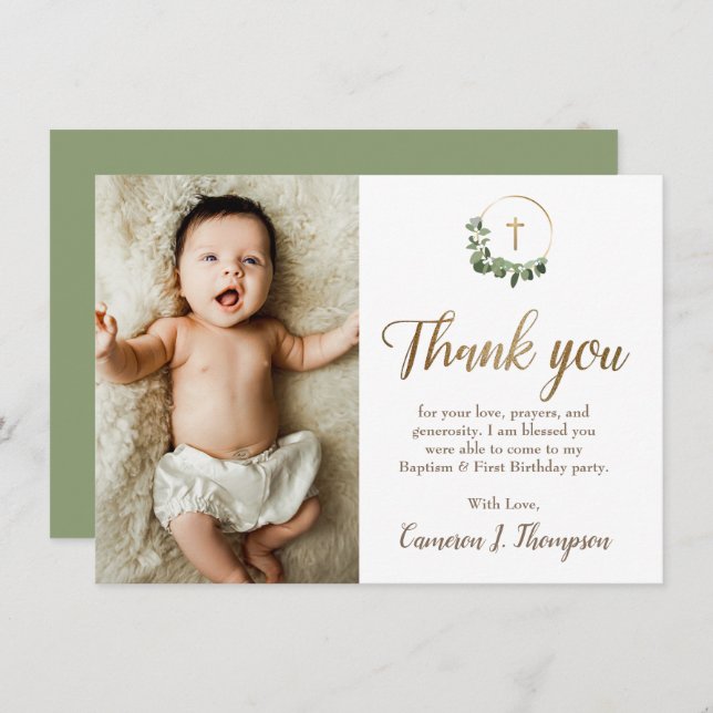 Modern Green Gold Cross baptism 1st birthday photo Thank You Card (Front/Back)
