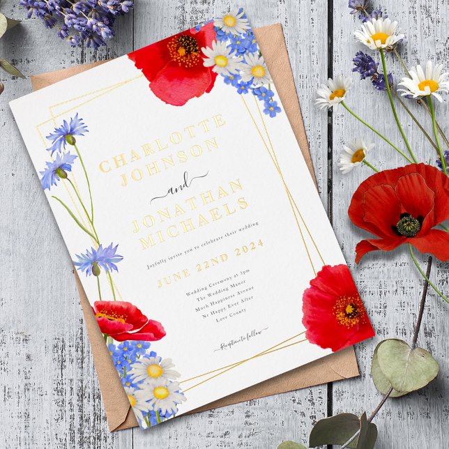 Modern Green Gold Elegant Floral Wedding (Modern wildflower gold foil geometric wedding invitation with red poppy and blue cornflower )