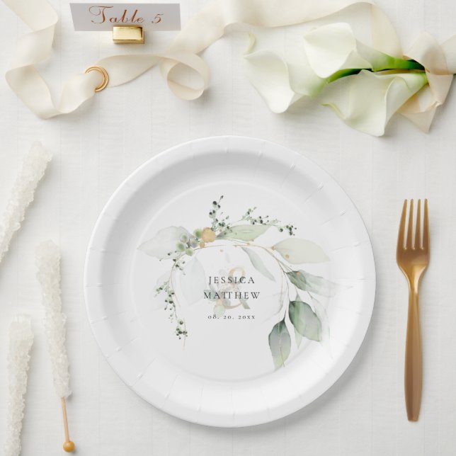 Modern Green & Gold Eucalyptus  Paper Plate (Wedding)