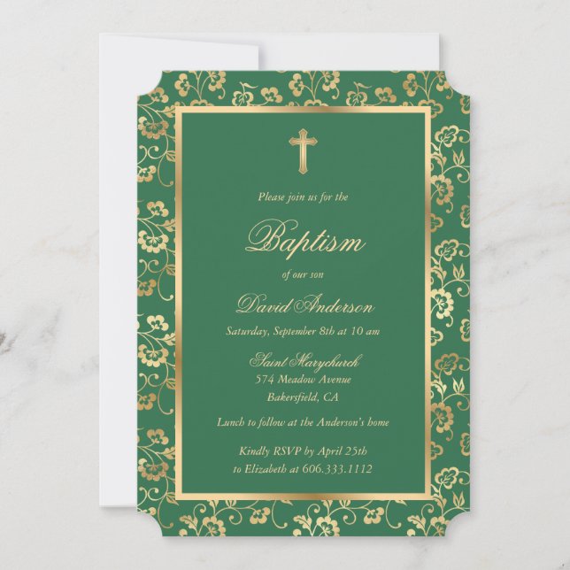 Modern Green Gold Floral Boy Baptism Invitation (Front)