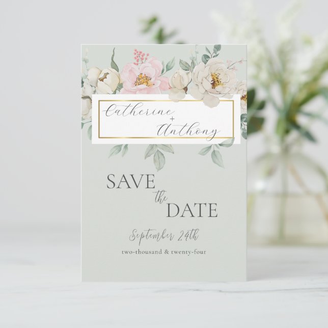 Modern Green Gold Floral Wedding  Save The Date (Standing Front)