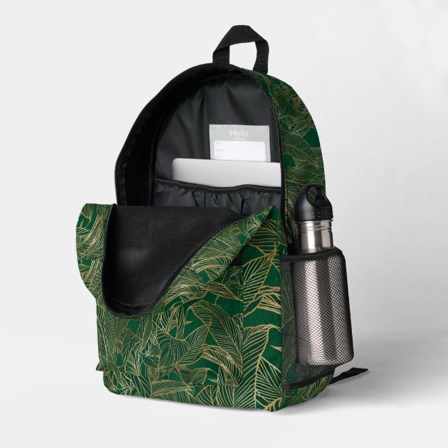 Modern Green Gold Foliage Plant Botanical Design Printed Backpack (Back Corner Right (Open))