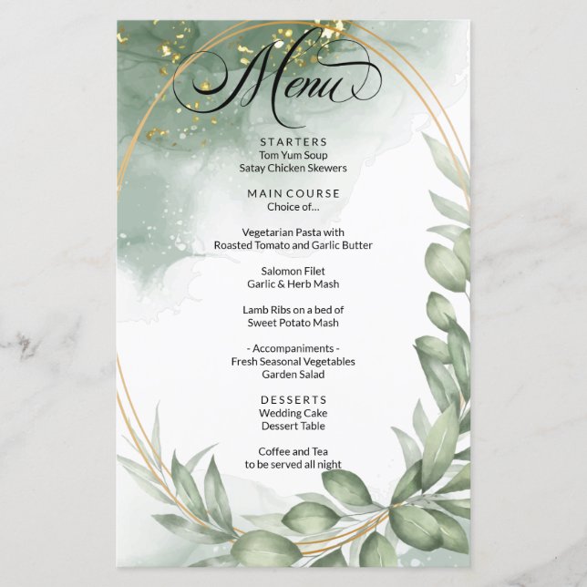 Modern Green Gold Frame Foliage Wedding Menu (Front)