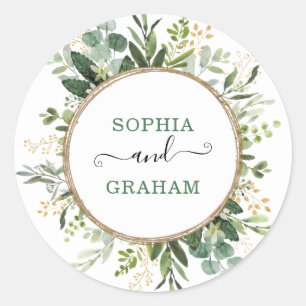 Modern Green Gold Garden Greenery Wedding Classic Round Sticker