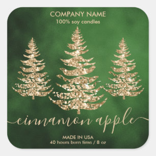 Modern Green Gold Glitter Pine Christmas Candle Square Sticker