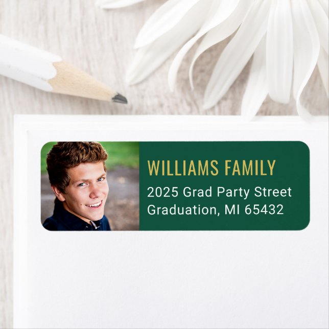 Modern Green Gold Graduation Photo Return Address (Insitu)