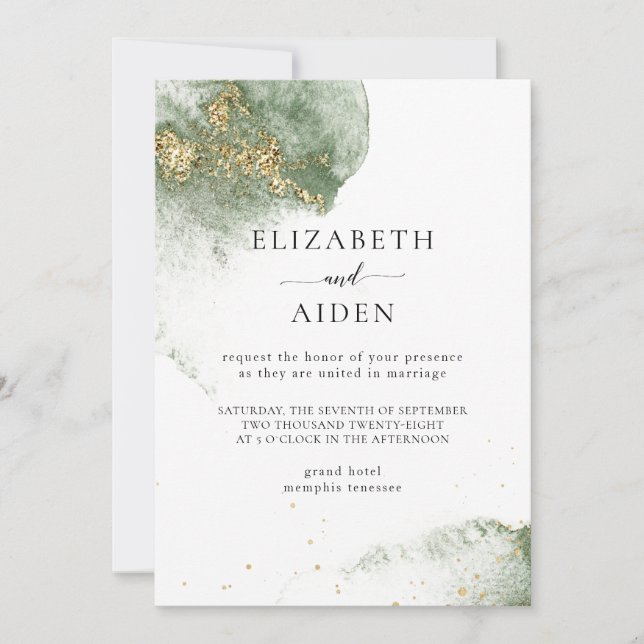 Modern Green Gold (imitation) Watercolor Invitation (Front)