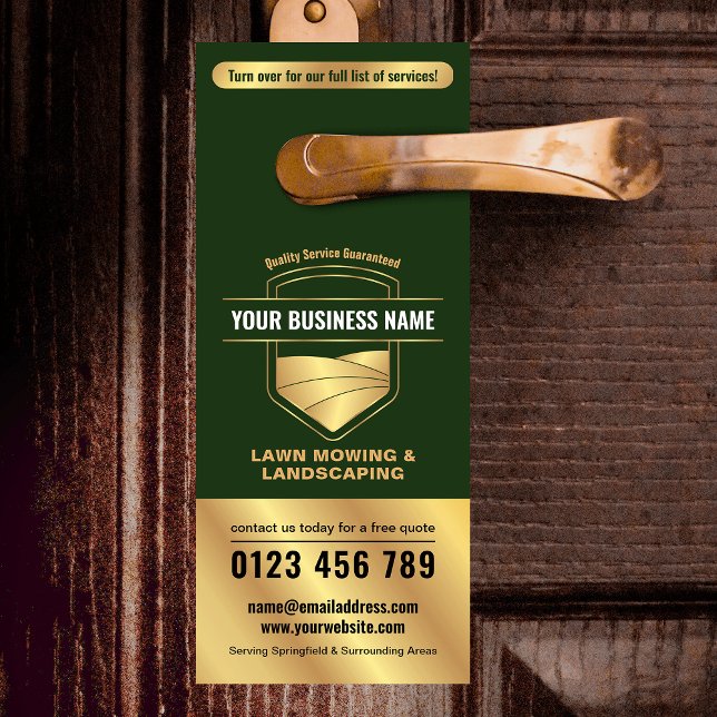 Modern Green & Gold Landscaping Lawn Mowing Door Hanger (Modern Green & Gold Landscaping Lawn Mowing Door Hanger with QR code)