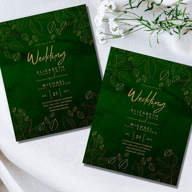 Modern Green Gold Leaves Budget Wedding Invitation (Creator Uploaded)