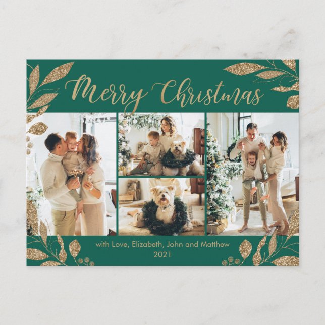 Modern Green Gold Leaves Photo Collage Christmas Postcard (Front)