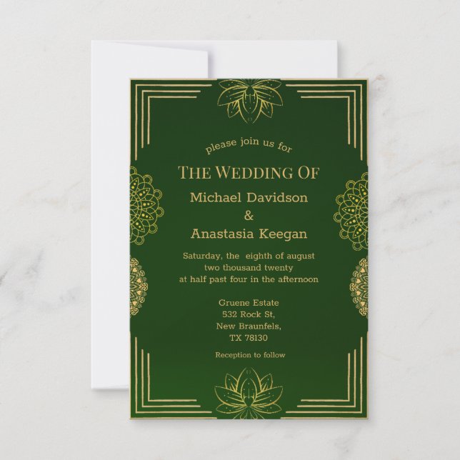 modern green gold luxury geometric wedding  invitation (Front)