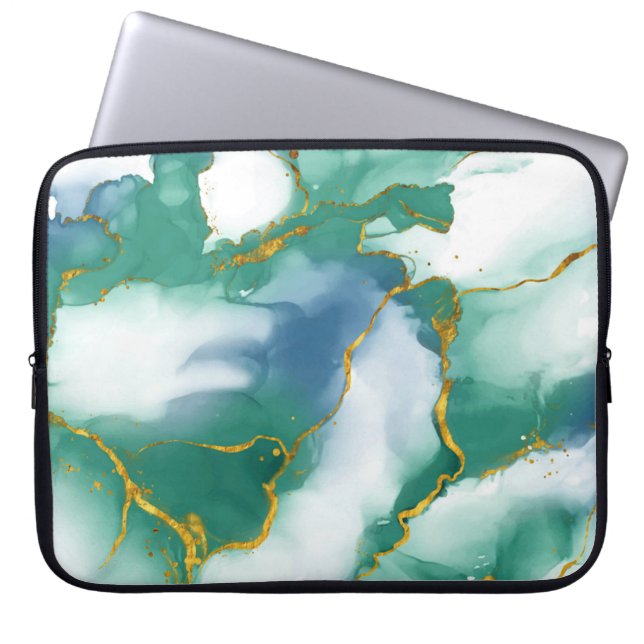 Modern Green-Gold Marble Background Laptop Sleeve (Front)