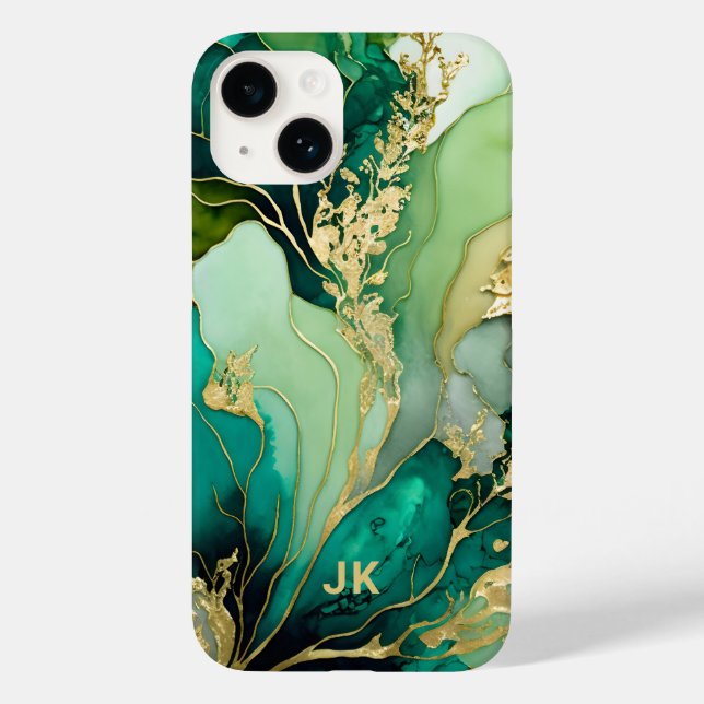 Modern Green Gold Marble Monogram Personalised Case-Mate iPhone Case (Back)