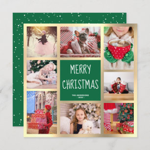 Modern Green & Gold Merry Christmas Photo Collage Holiday Card