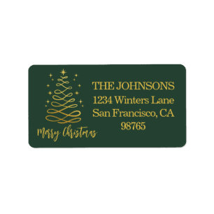 Modern green gold Merry Christmas tree snowflake Label