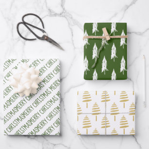 Modern Green & Gold Merry Christmas Trees Wrapping Paper Sheet