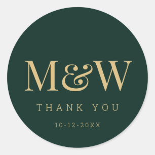 Modern Green Gold Monogram Wedding Thank You Classic Round Sticker
