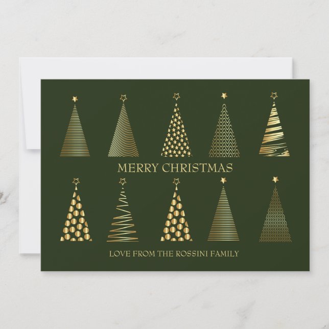 Modern Green& Gold Personalised Christmas Tree Hol Holiday Card (Front)