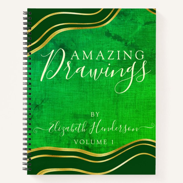 Modern Green Gold Personalised Drawing Sketchbook Notebook (Front)