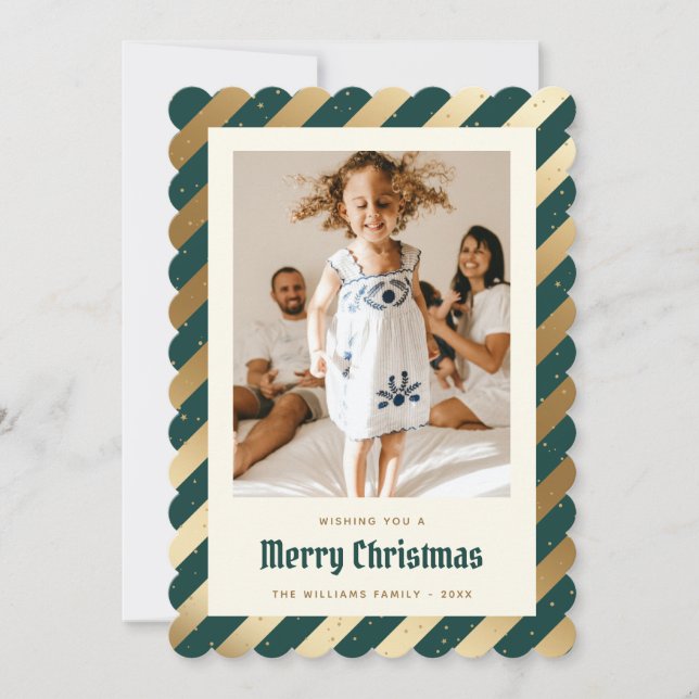 Modern Green Gold Photo Elegant Merry Christmas Holiday Card (Front)
