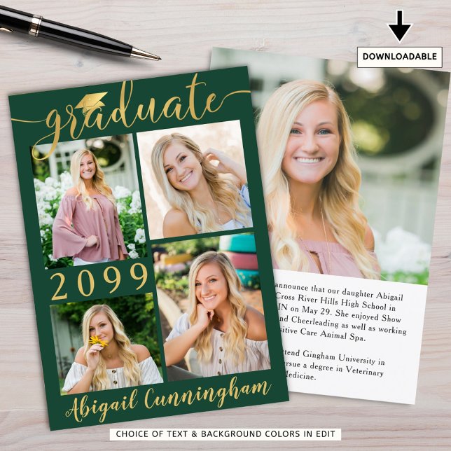 Modern Green Gold Script 5 Photo Graduate Announcement (Creator Uploaded)
