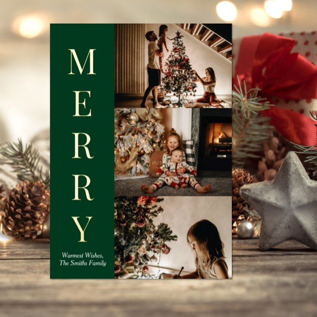 Modern Green Gold Script Merry Christmas Photo Foil Holiday Card (Creator Uploaded)