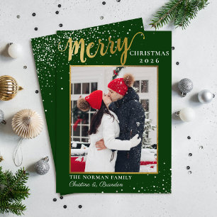 Modern Green Gold Script Merry Christmas Photo Holiday Card