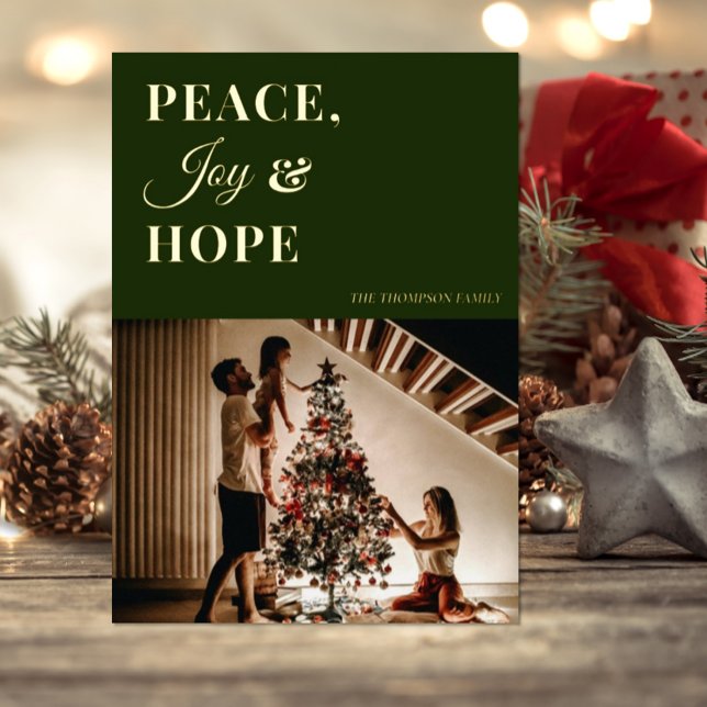 Modern Green Gold Script Peace Joy Hope Photo Foil Holiday Card (Creator Uploaded)