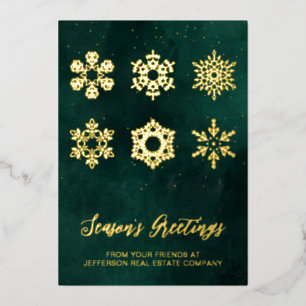 Modern Green Gold Snowflakes Business Foil Holiday Card