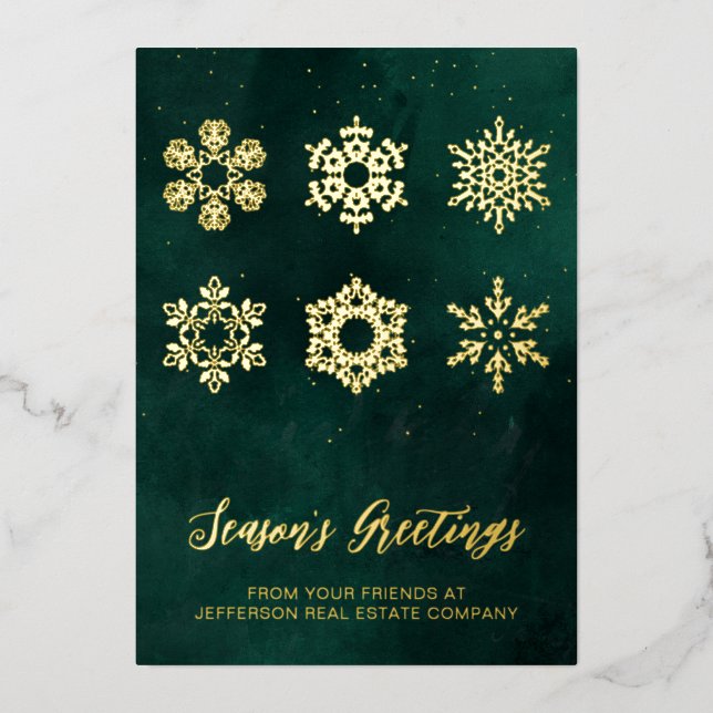Modern Green Gold Snowflakes Business    Foil Holiday Card (Front)