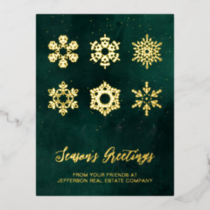 Modern Green Gold Snowflakes Business     Foil Holiday Postcard