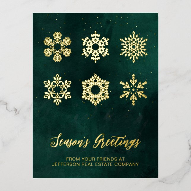 Modern Green Gold Snowflakes Business     Foil Holiday Postcard (Front)