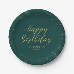 Modern Green & Gold Sparkle Happy Birthday Party Paper Plate