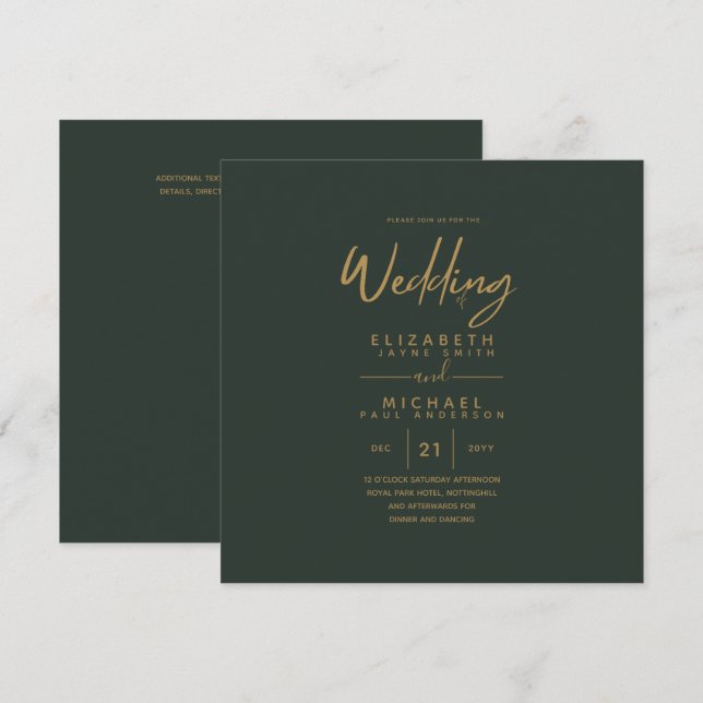 Modern Green Gold Square Wedding  Invitation (Front/Back)