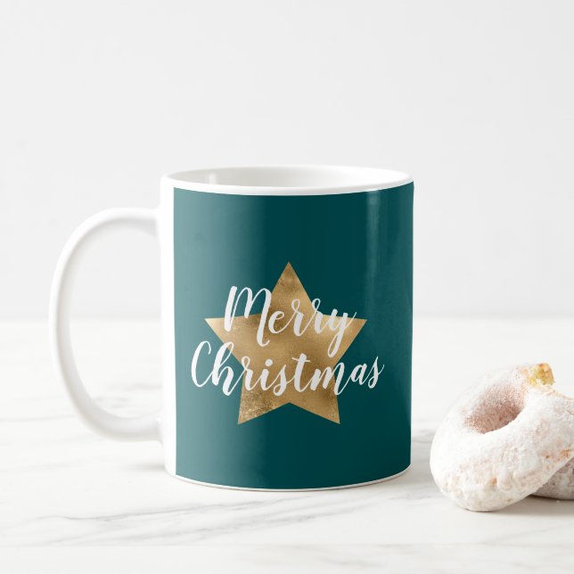 Modern Green Gold Star Christmas Coffee Mug (With Donut)