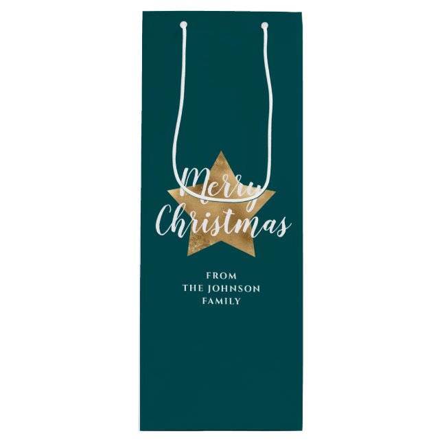 Modern Green Gold Star Christmas Wine Gift Bag (Front)