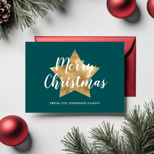 Modern Green Gold Star Merry Christmas Postcard